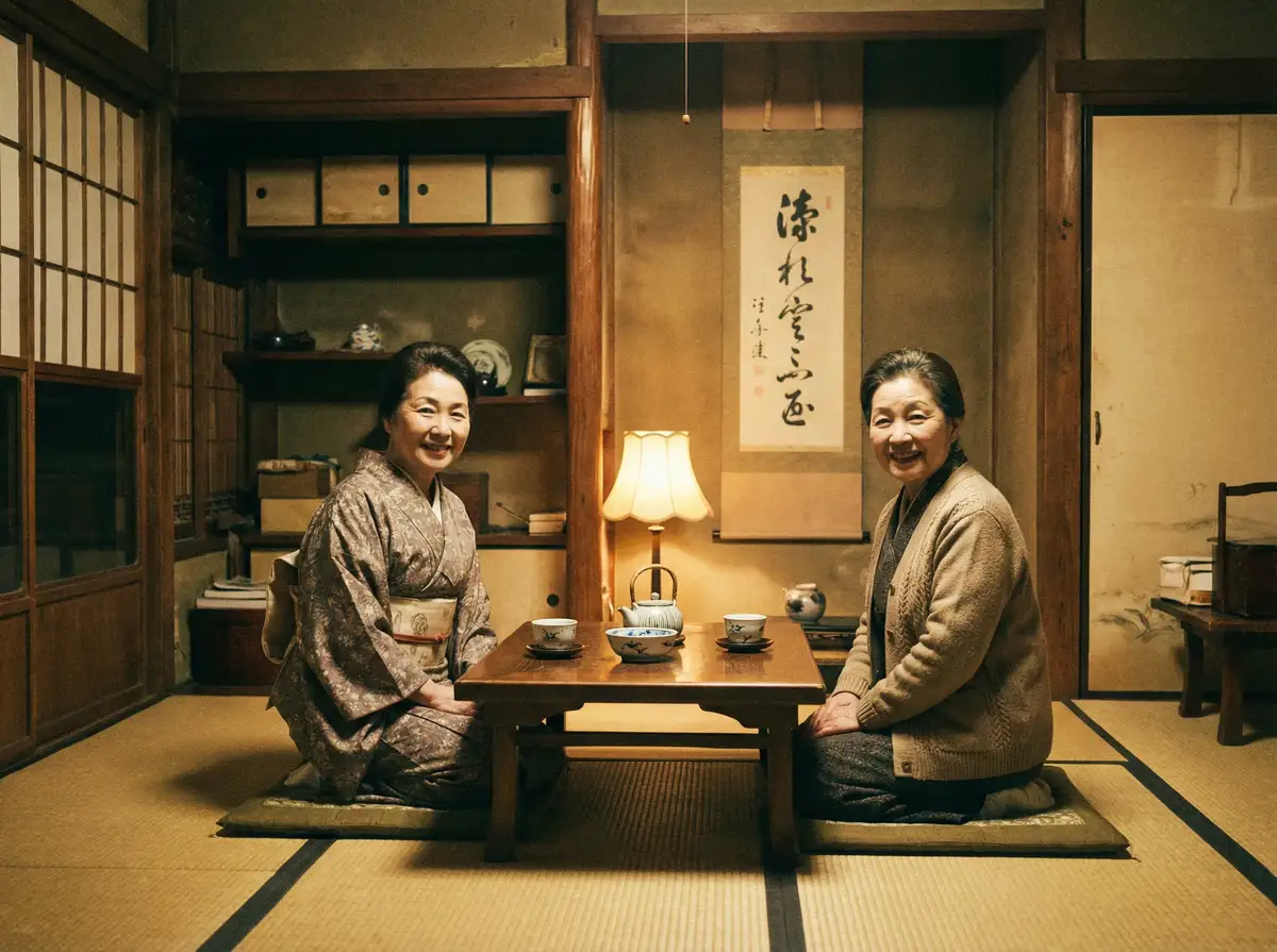 两位优雅的 妻社 在日式茶室中品茶交谈